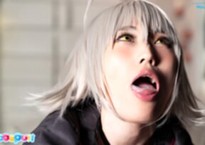 Mizuki on her knees giving handjob and receiving cum in her mouth
