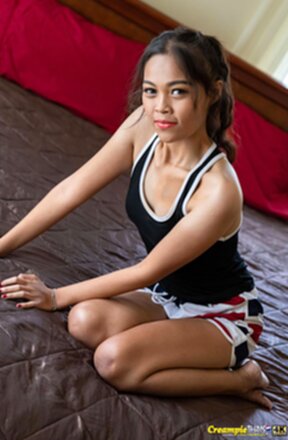 Chutima strips bra and shorts shows small breasts and gets fucked doggy style