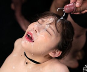 Tsukino Nagi kneeling nude receiving bukkake facials face glazed with cum